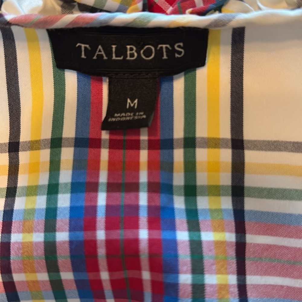Talbots Tartan Plaid Top with Ruffle Neckline & Flutter 3/4 Sleeves Size Medium - Picture 6 of 11